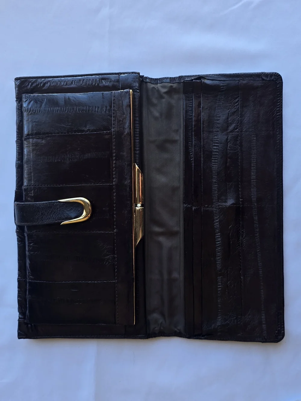 Vintage Lotte Mimi Genuine Eel Skin Trifold Wallet Clutch - Dark Brown Chocolate